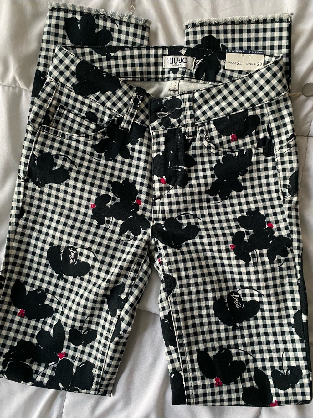 Liu Jo Italy Slim Bottom Up Jeans Black White Gingham Black Floral Print NWT